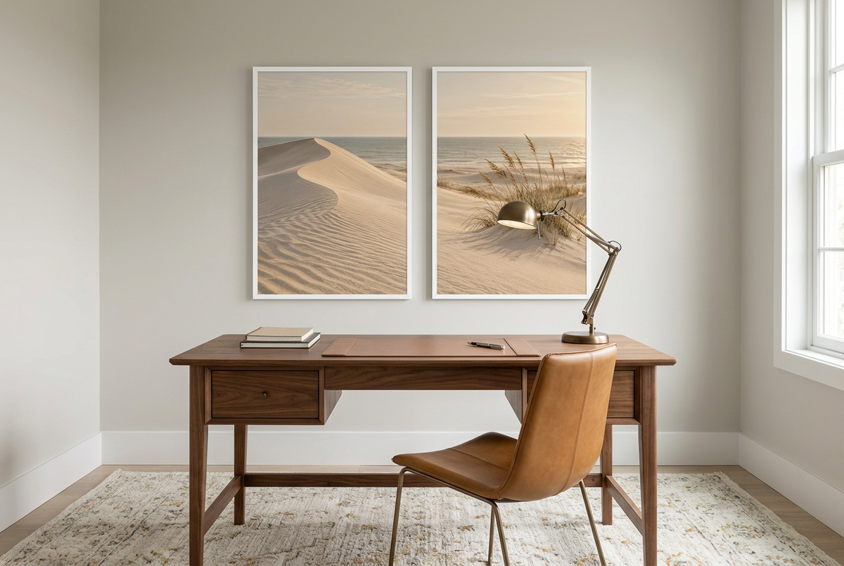 The Marram Beach — wall diptych in white frames in a home office