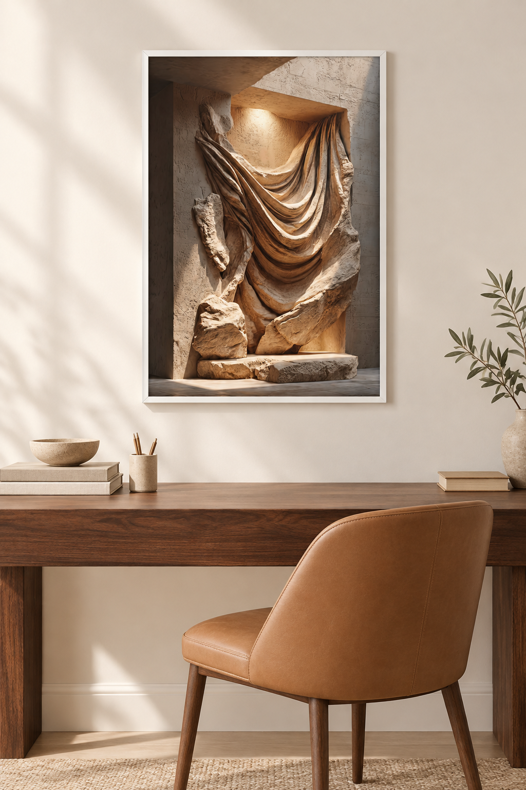 Der steinerne Vorhang mit weißem Rahmen in einem Arbeitszimmer