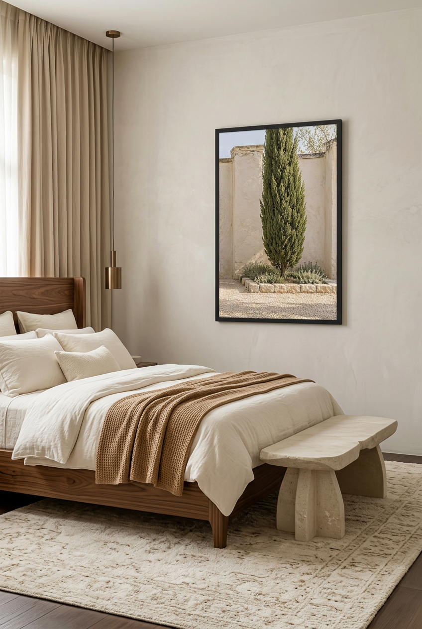 The Lone Cypress — poster in a black frame in a bedroom