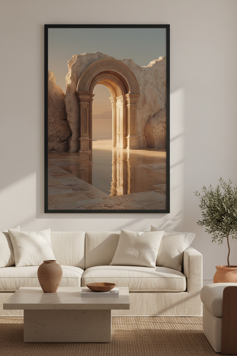Affiche encadrée cadre noir, arche antique et reflet sur l'eau, au-dessus d'un canapé écru — L'Arche des Eaux, Cassili-home