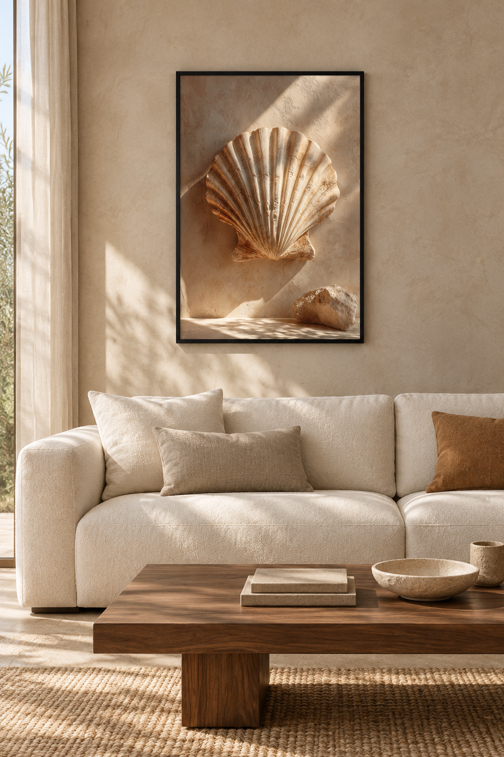Die Steinmuschel mit schwarzem Rahmen in einem mediterranen Wohnzimmer