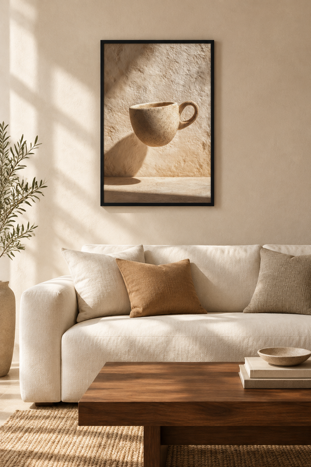 The Floating Cup with a black frame in a Mediterranean living room