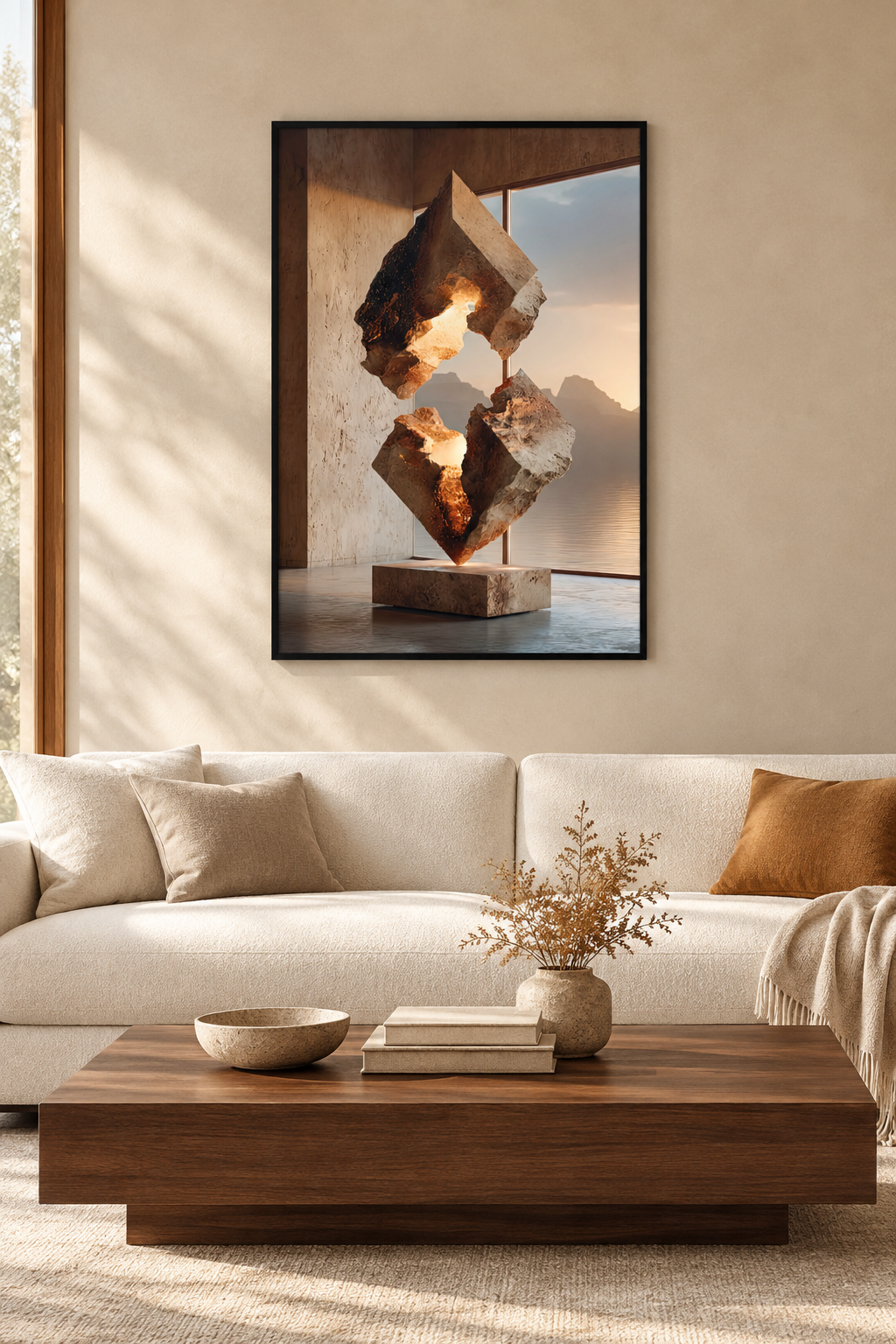 The Split Stone with a black frame in a Mediterranean living room