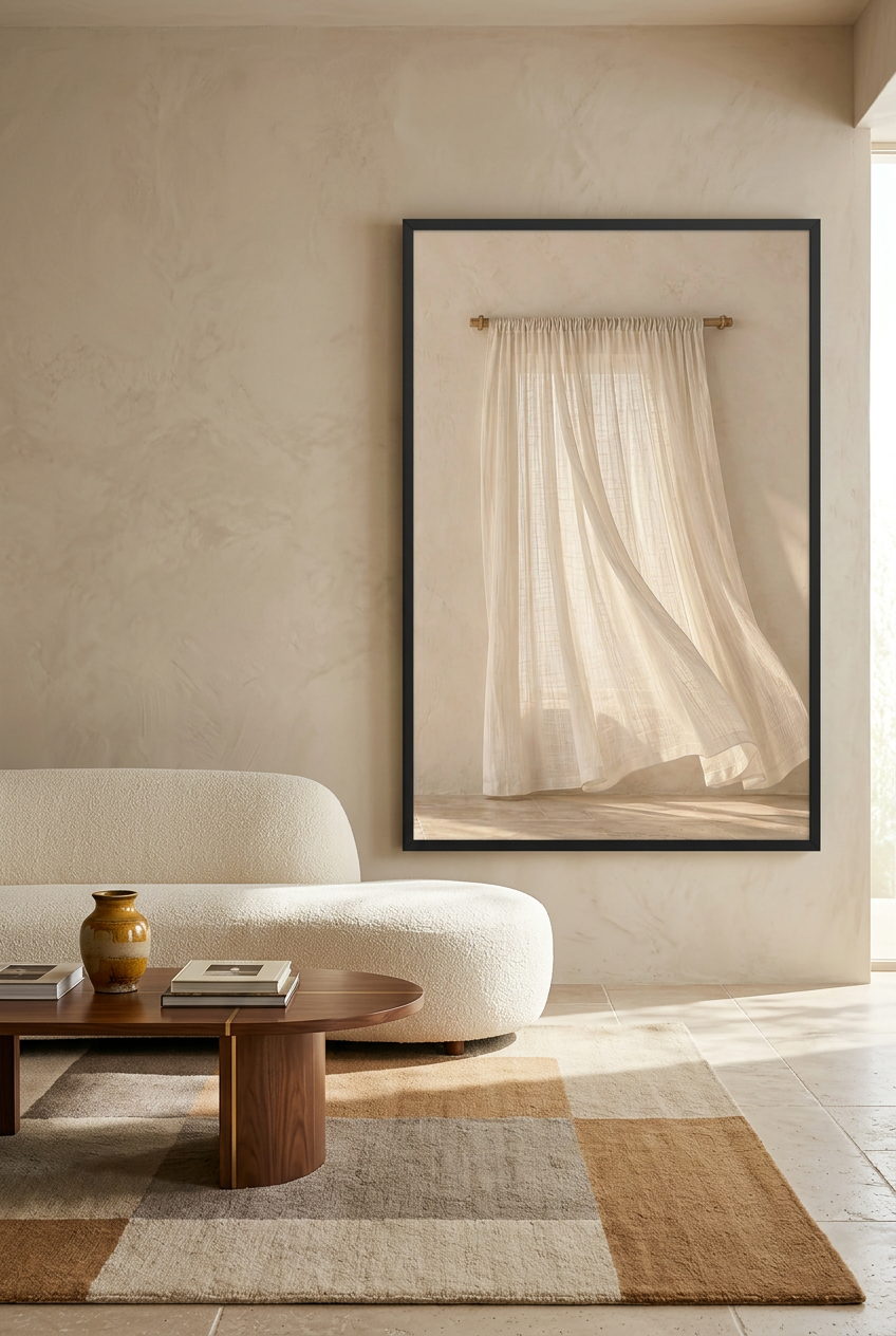 The Curtain in the Breeze — poster in a black frame in a living room
