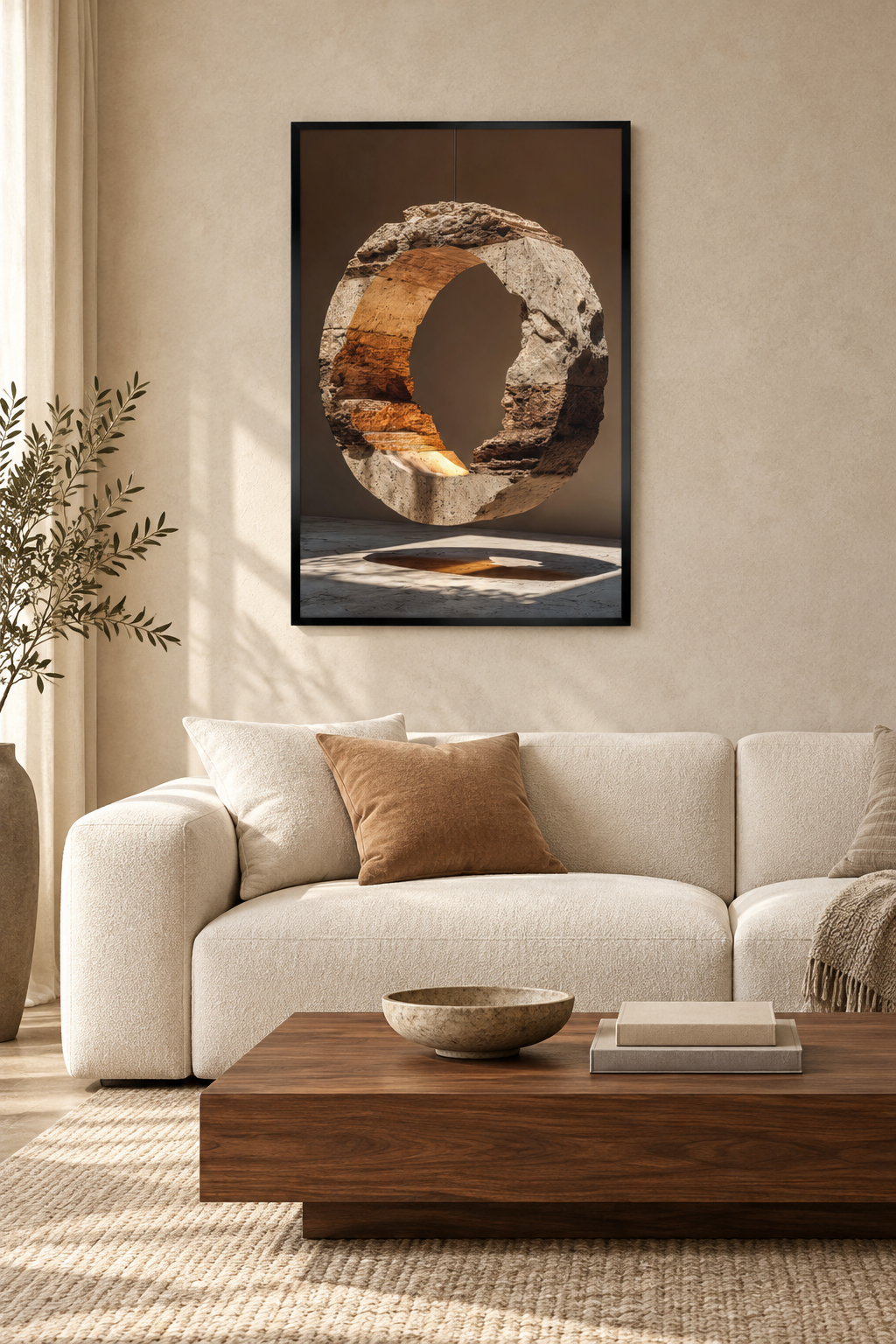 De Stenen Halo met zwarte lijst in een mediterrane woonkamer