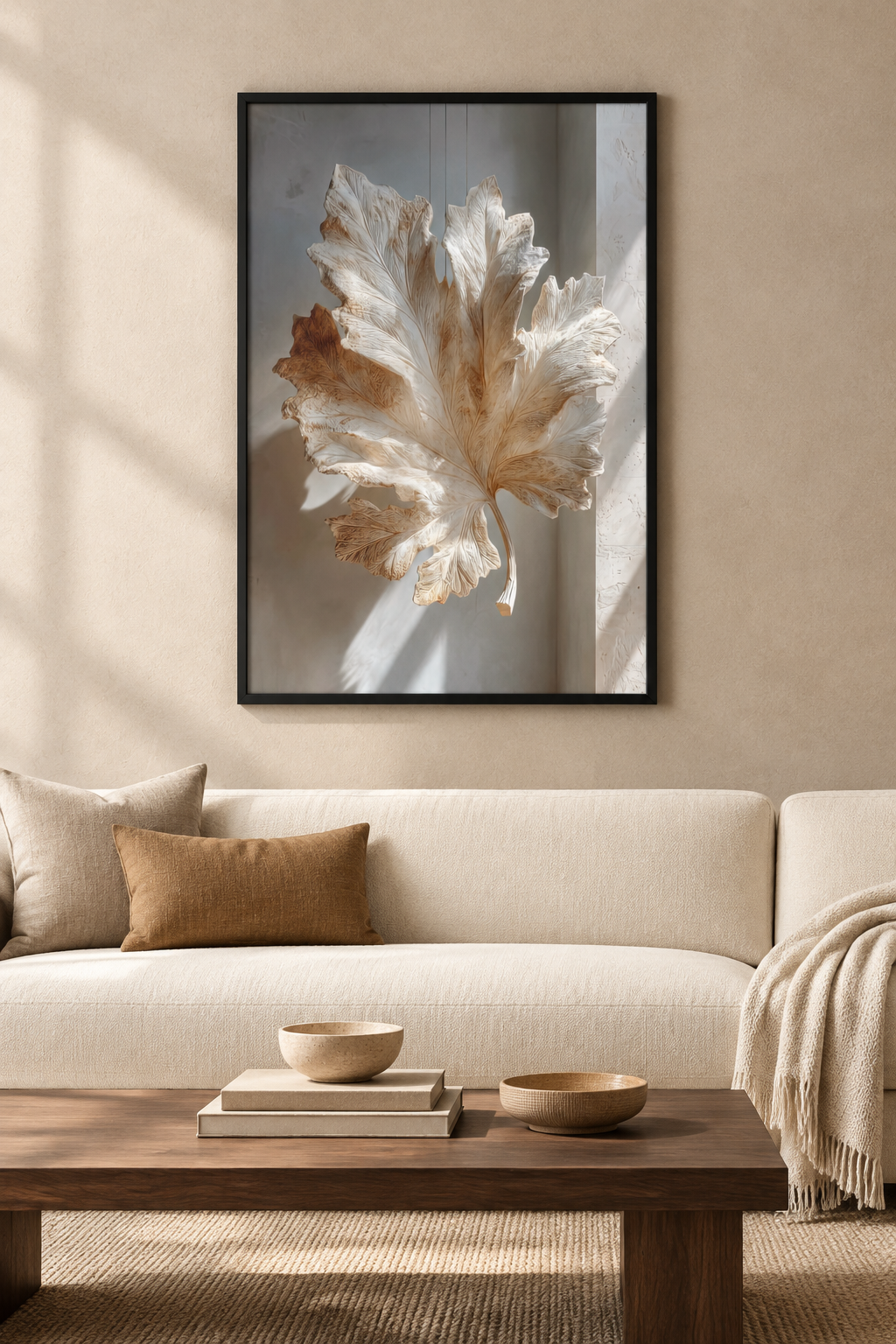 The Fig Leaf with a black frame in a Mediterranean living room