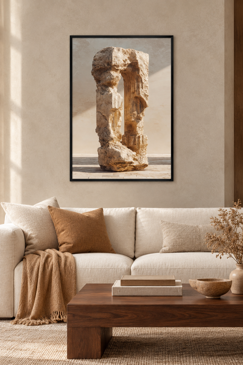 Die gebrochene Säule mit schwarzem Rahmen in einem mediterranen Wohnzimmer