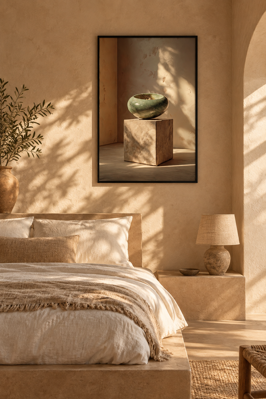 Poster The Jade and the Cube — jade-green pebble balanced on a stone cube, in a black frame