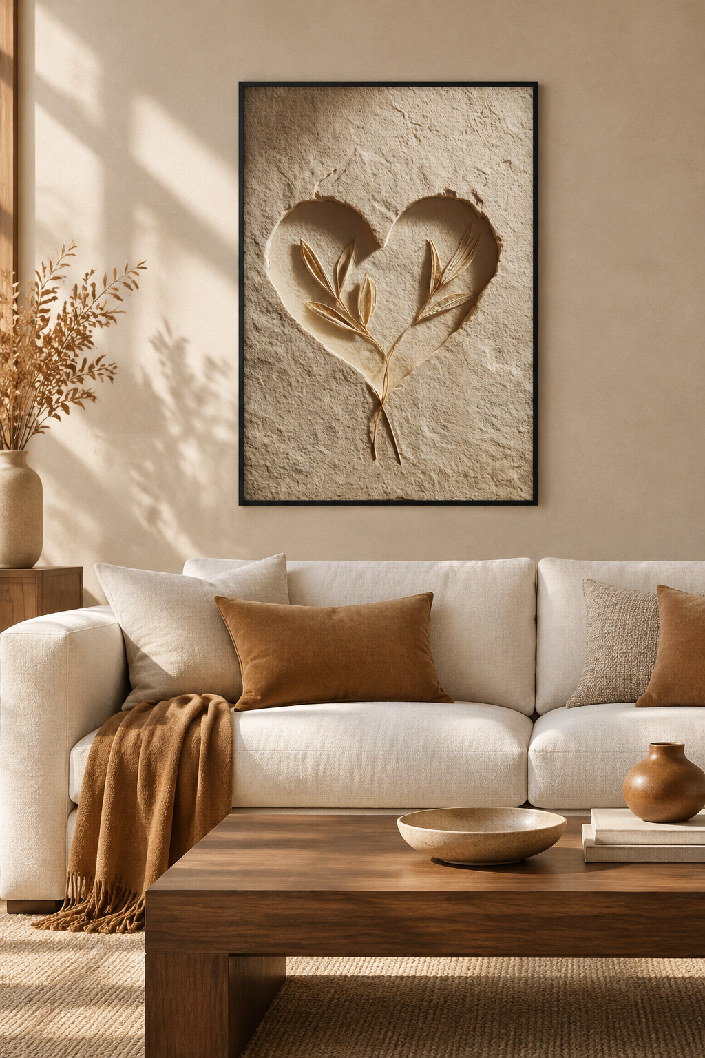 The Two-Branch Heart with a black frame in a Mediterranean living room