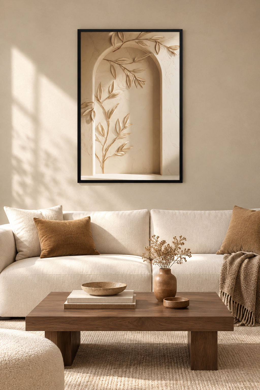The Leafy Arcade with a black frame in a Mediterranean living room
