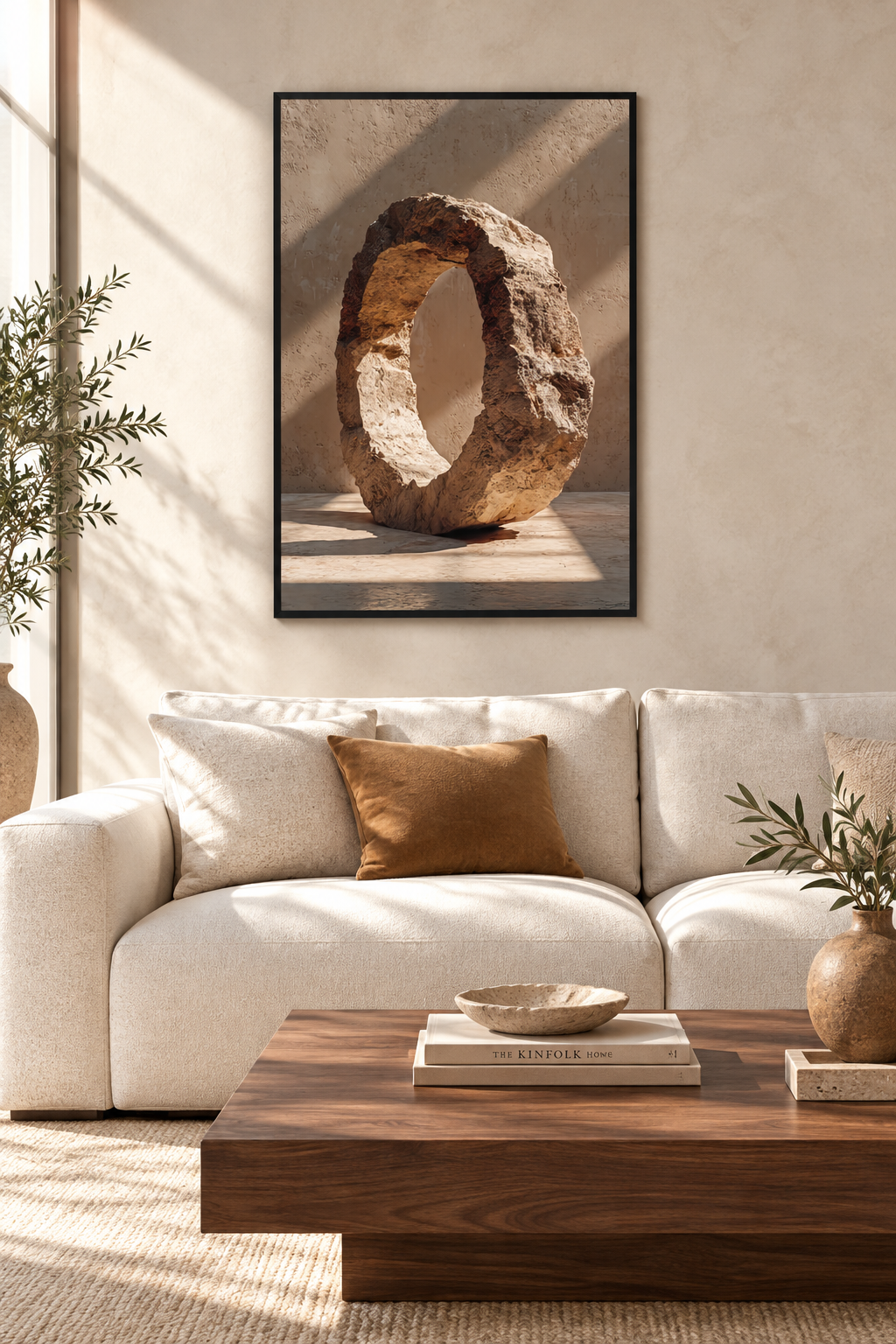 The Pierced Monolith with a black frame in a Mediterranean living room