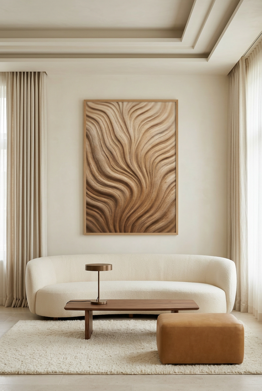 Wood Waves — poster in an oak frame in a living room