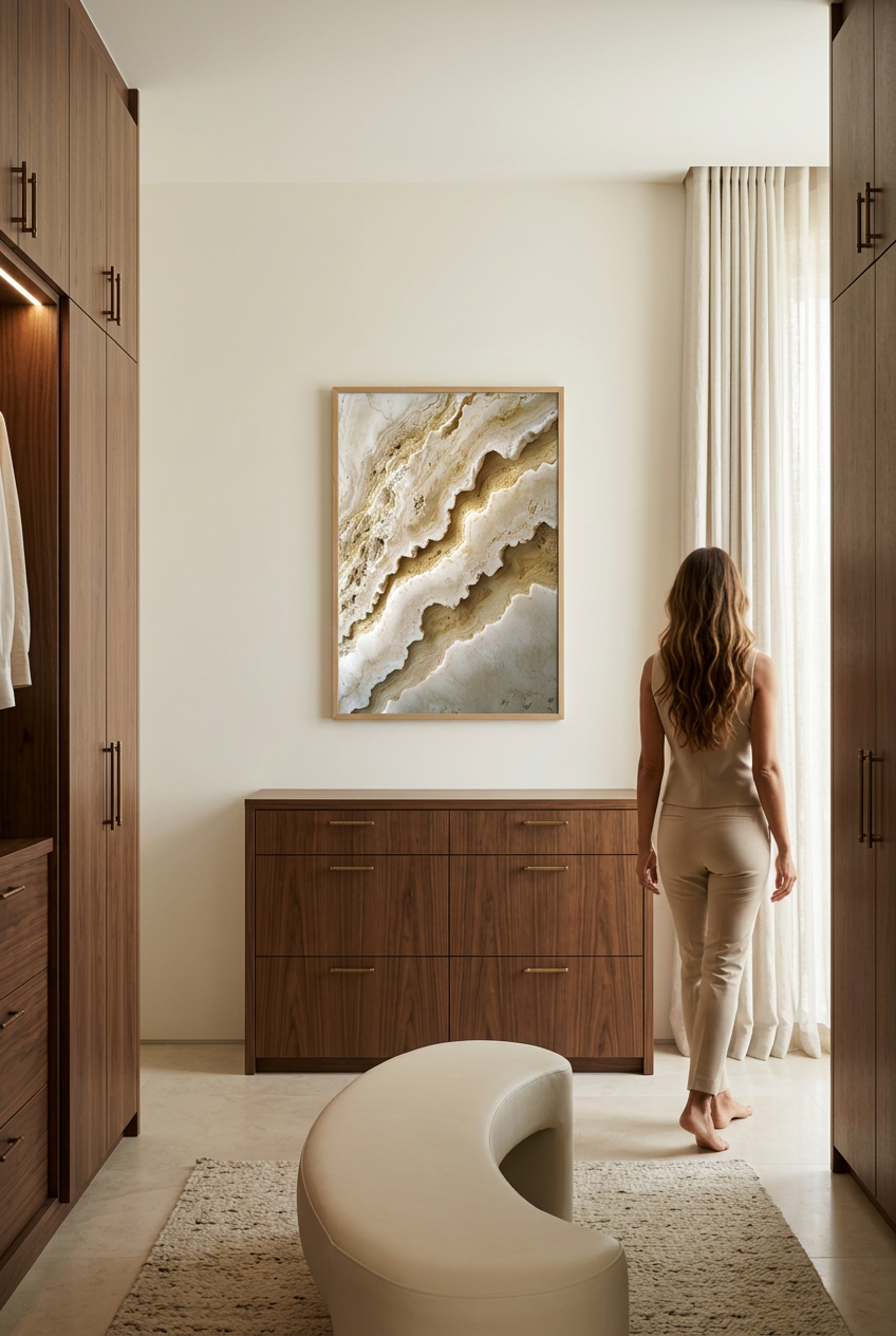 Travertine Waves — woman in front of the poster in an oak frame