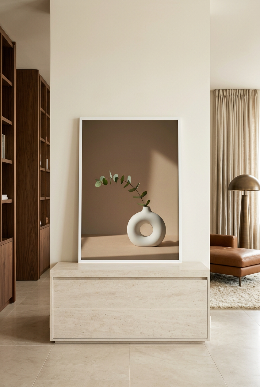 Ringvaas & Eucalyptus — poster in witte lijst in een bibliotheek