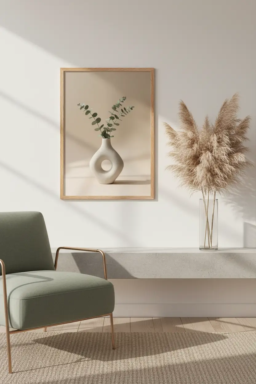 Cercle & Eucalyptus — Affiche Murale Minimaliste Beige et Vert Doux Inspiration Botanique — affiche murale minimaliste | Cassili-home