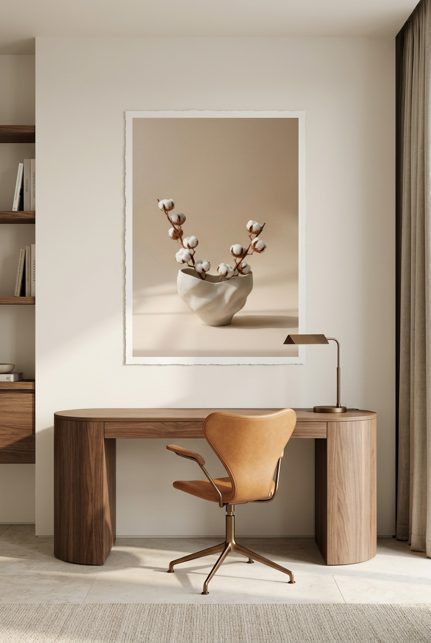Crumpled Vase & Cotton — unframed poster in a home office