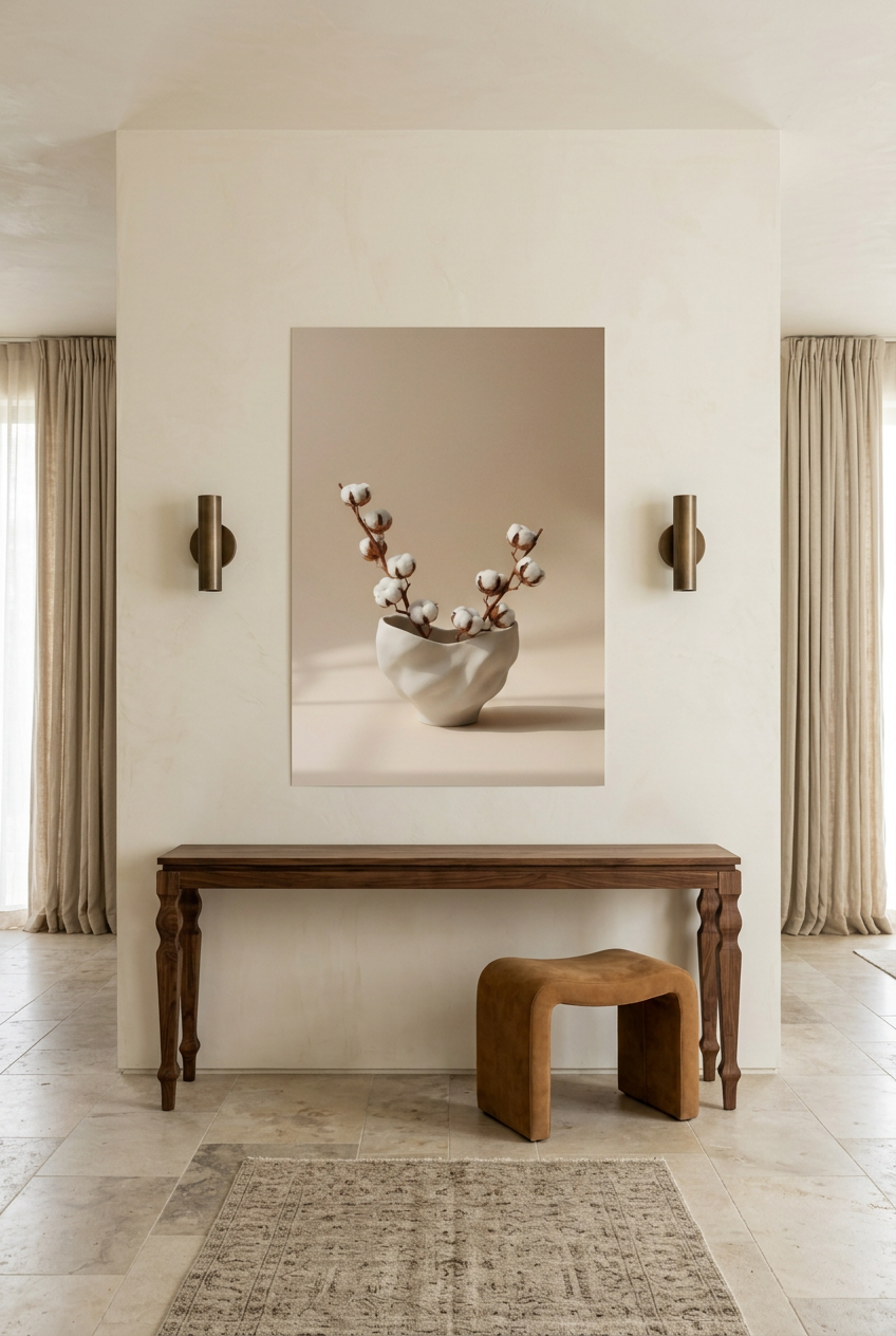Crumpled Vase & Cotton — unframed poster in an entryway