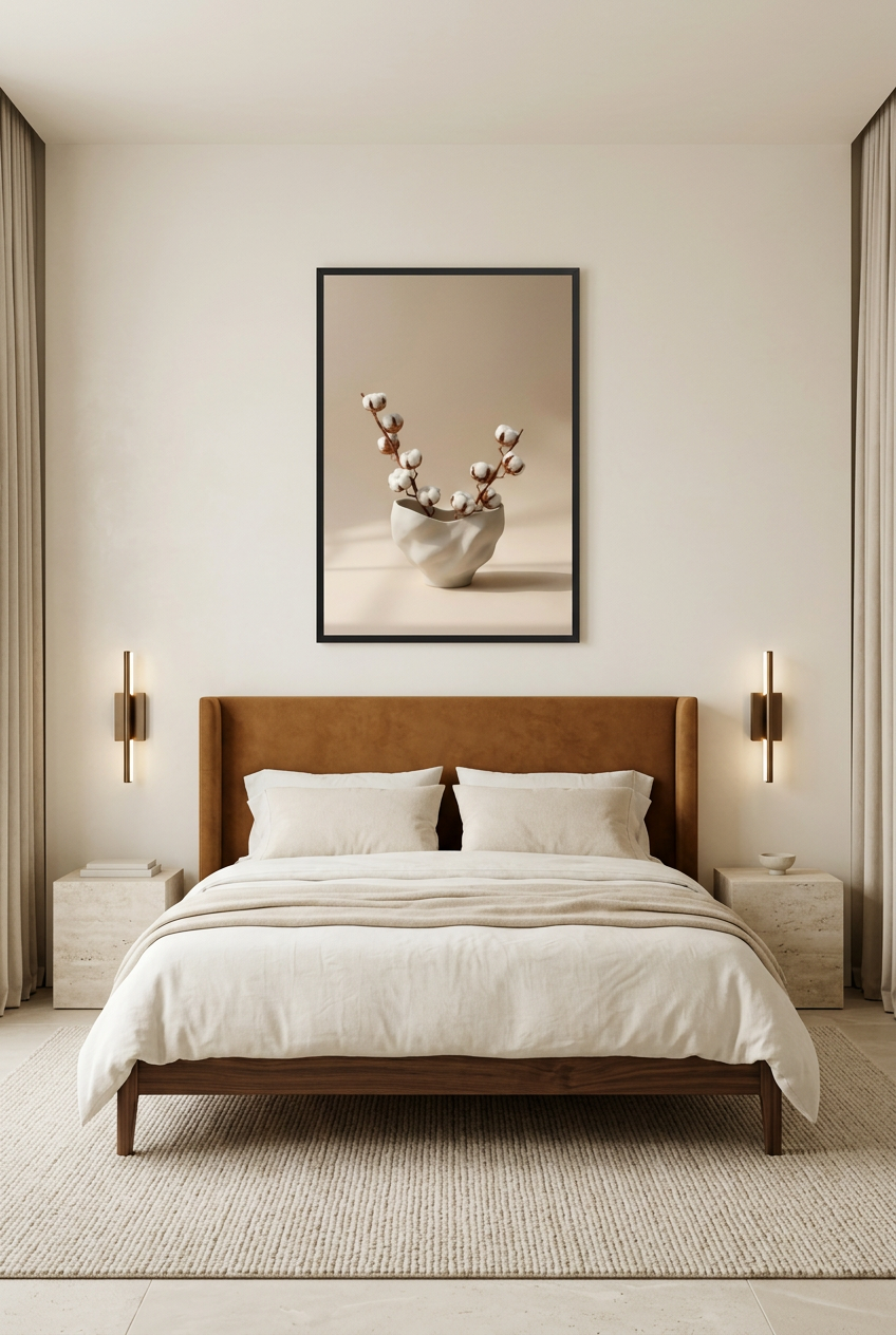 Crumpled Vase & Cotton — poster in a black frame in a bedroom