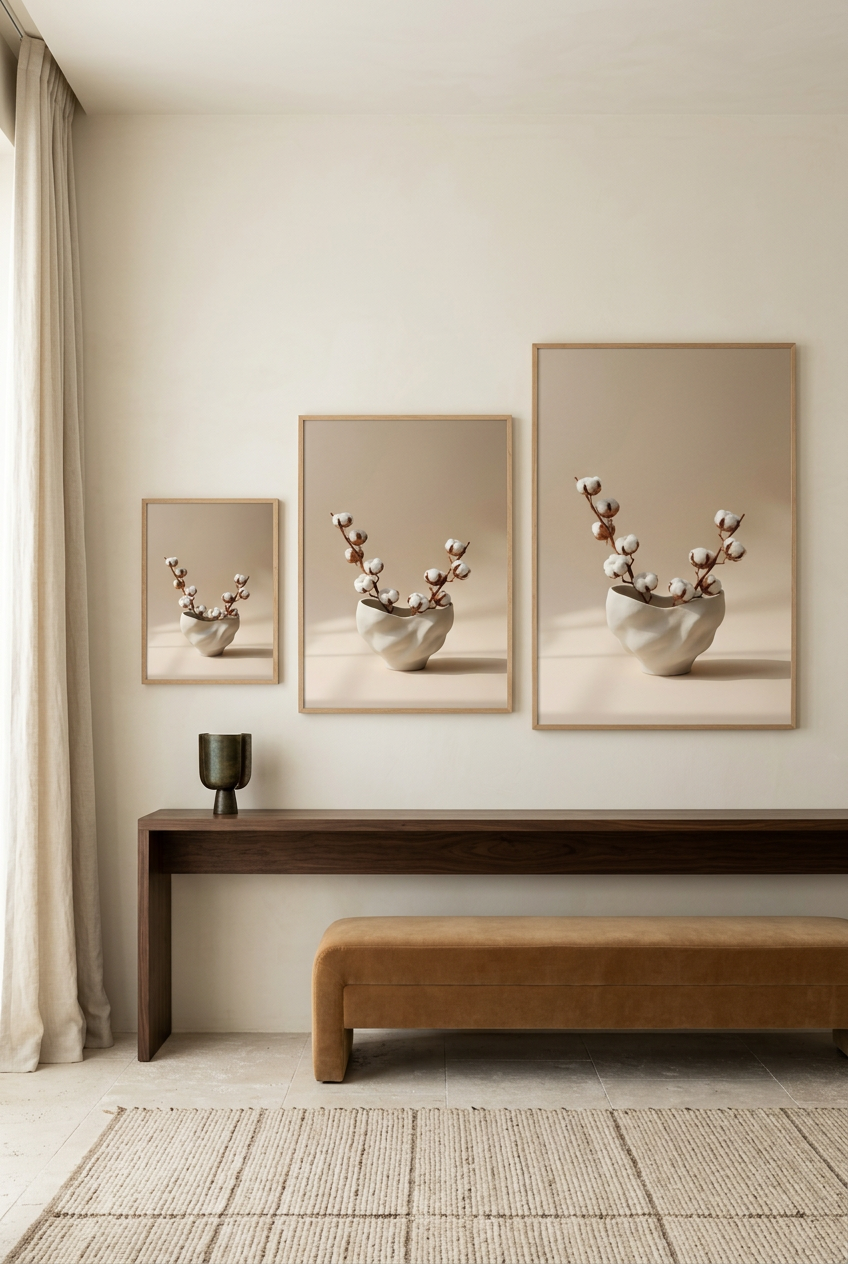 Crumpled Vase & Cotton — three sizes of the poster in oak frames