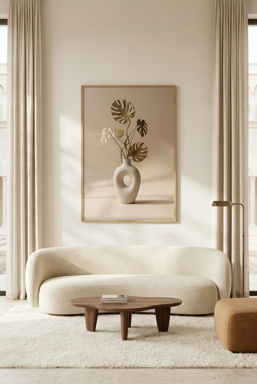 Vaas & Gedroogde Monstera — poster in eikenhouten lijst in een woonkamer