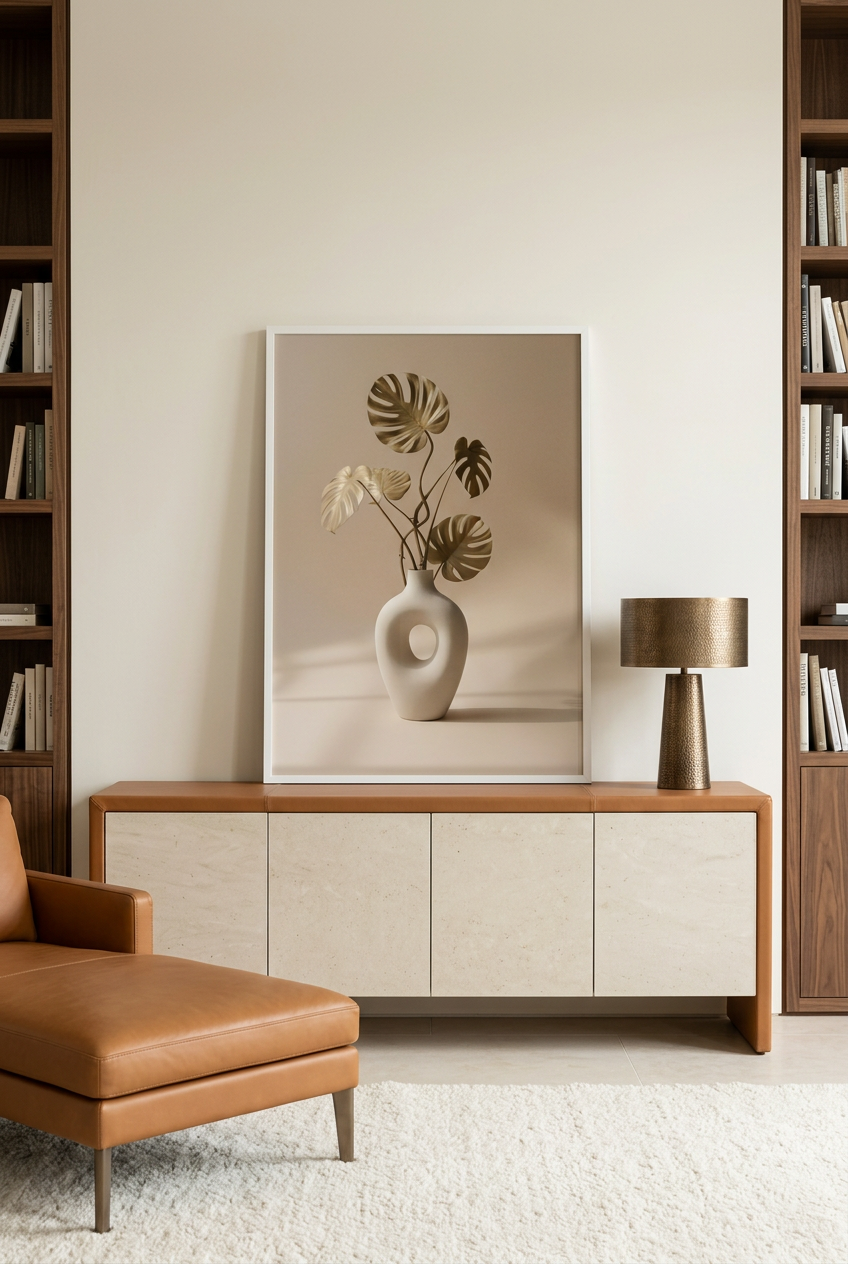 Vaas & Gedroogde Monstera — poster in witte lijst in een bibliotheek