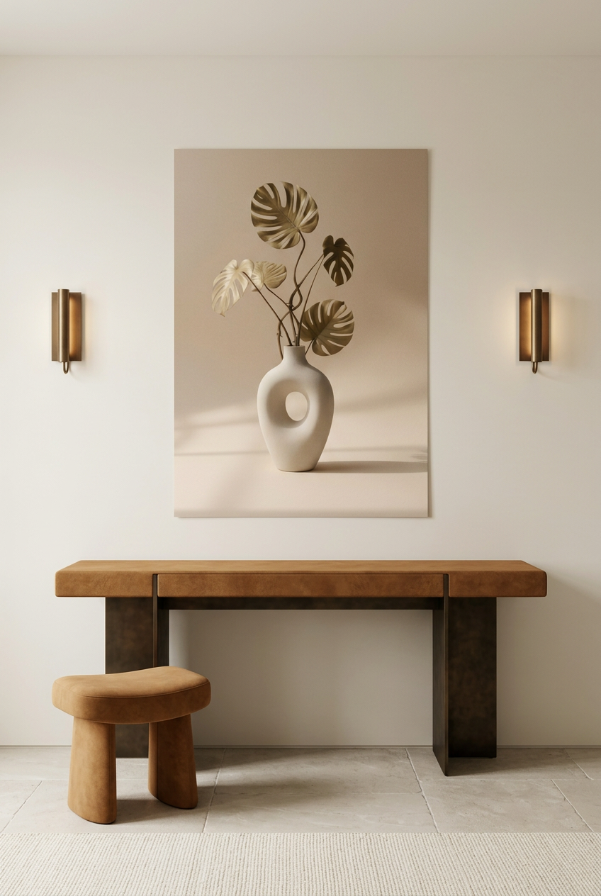 Vaas & Gedroogde Monstera — poster zonder lijst in een hal