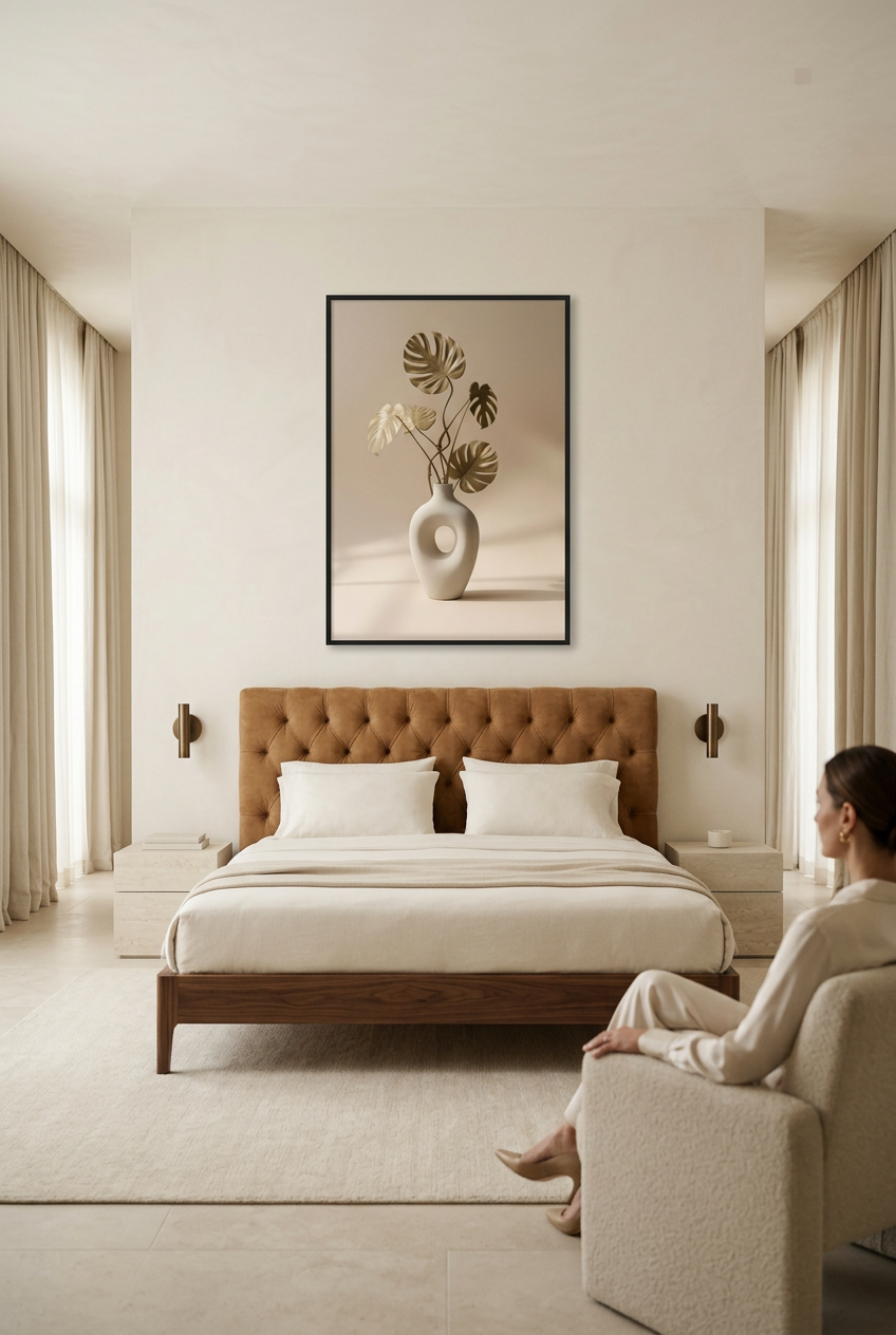 Vaas & Gedroogde Monstera — poster in zwarte lijst in een slaapkamer