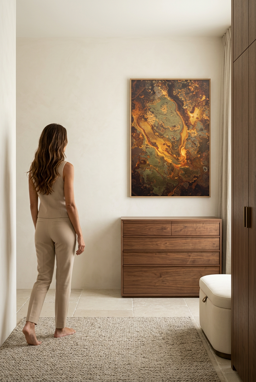 Golden Veins — woman in front of the poster in an oak frame