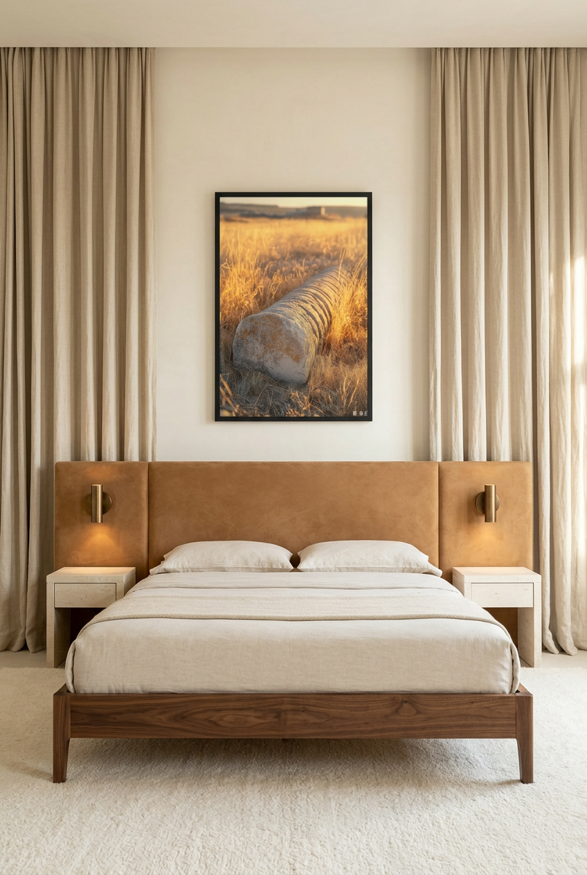 Golden Remains — poster in a black frame in a bedroom