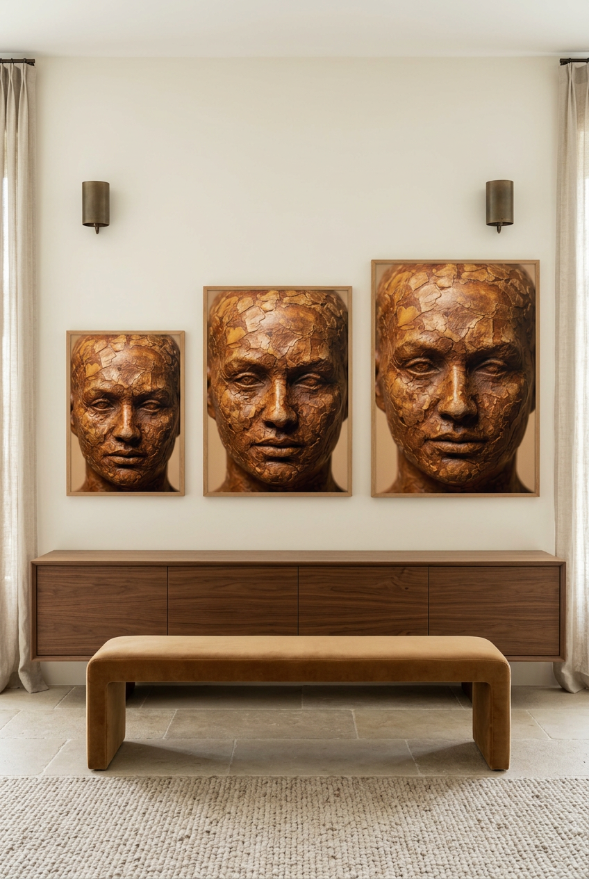 Bark Face — three sizes of the poster in oak frames