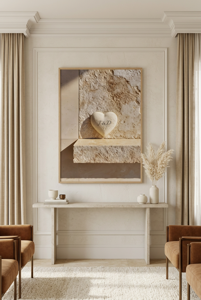 Il Cuore di Pietra — poster personalizzabile: cuore scolpito su un blocco di pietra con iniziali, vista ravvicinata sopra una consolle