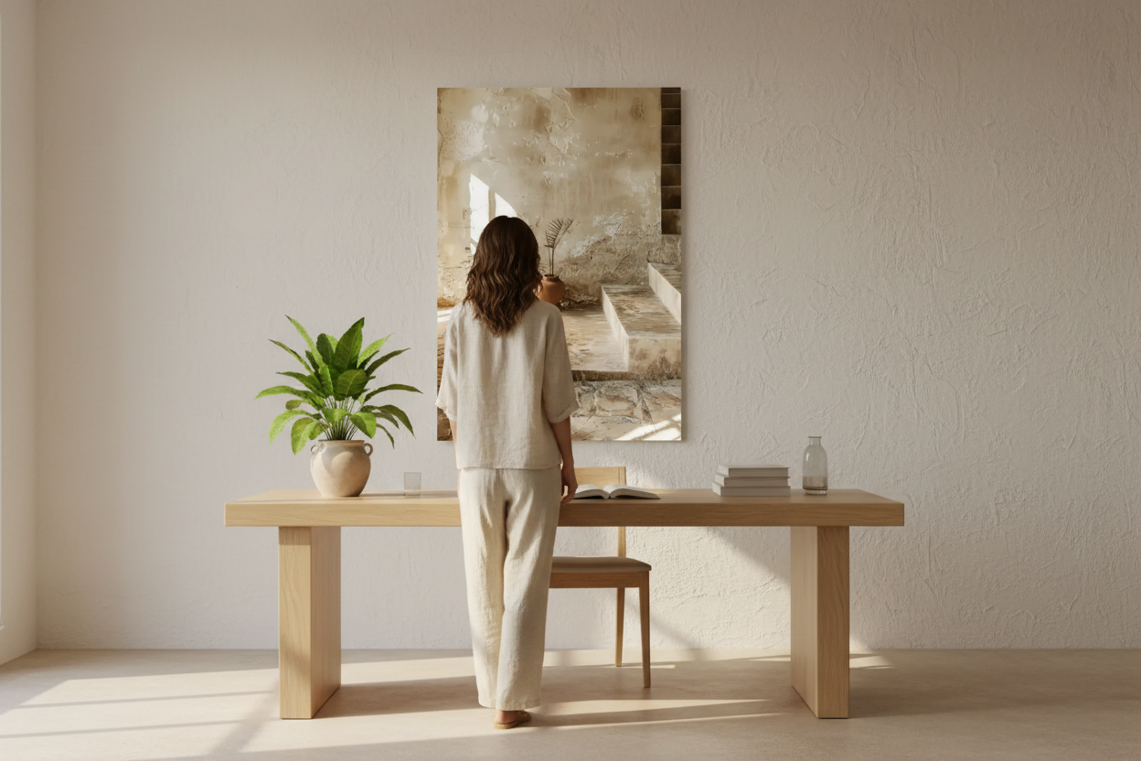 Affiche murale méditerranéenne dans un bureau minimaliste chêne — Cassili-home