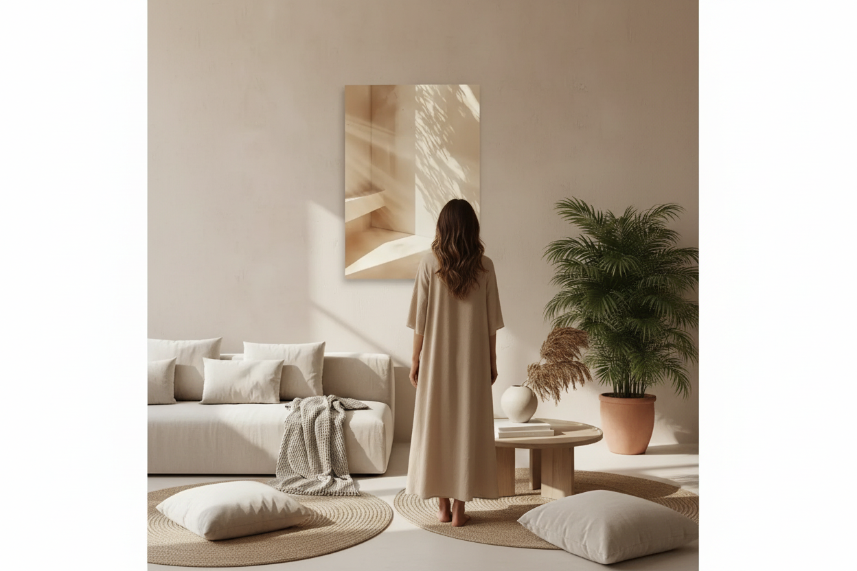Égérie Cassili-home robe sable devant affiche murale tons ivoire dans un salon méditerranéen palette sable ivoire terracotta
