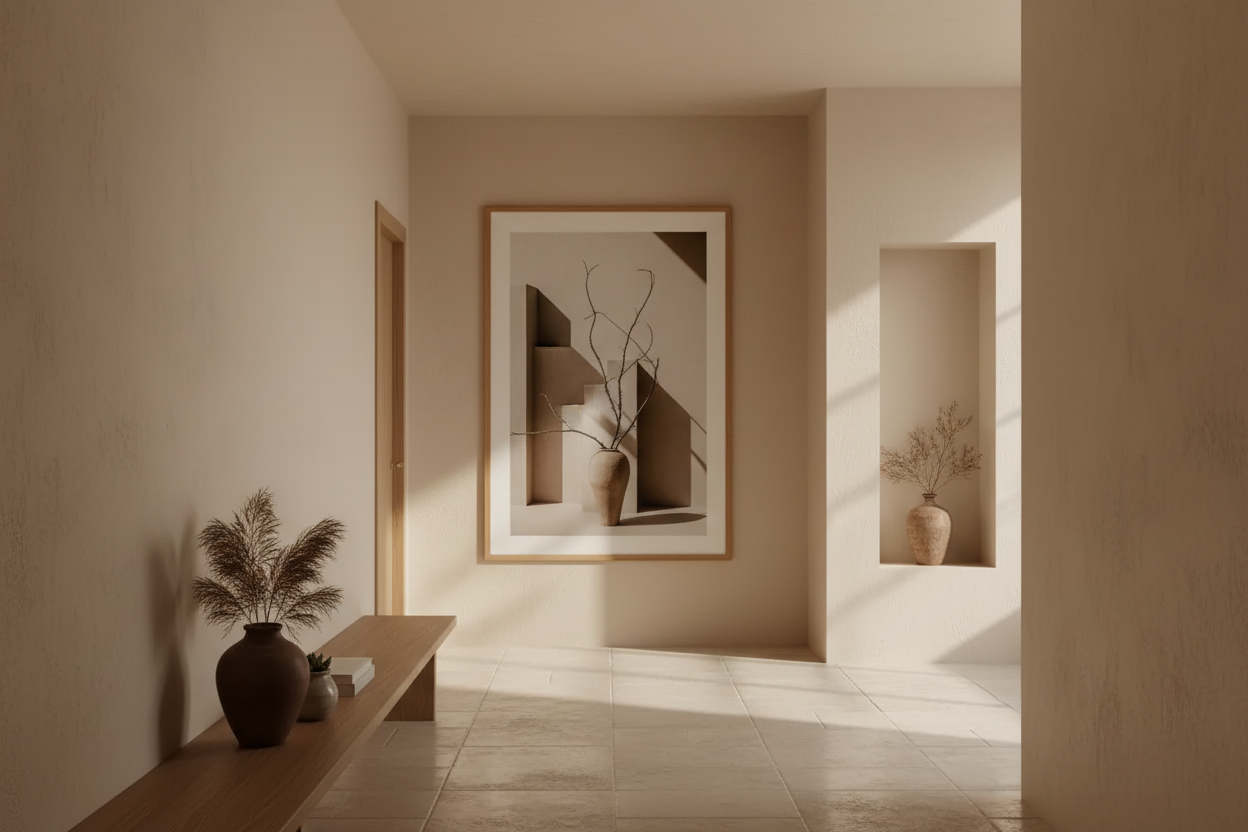 Couloir étroit méditerranéen décoré d'une affiche murale minimaliste dans un intérieur sable et beige