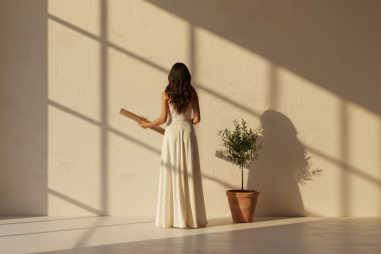 Affiche murale méditerranéenne offerte en cadeau de pendaison de crémaillère, emballage kraft et intérieur beige — Cassili-home