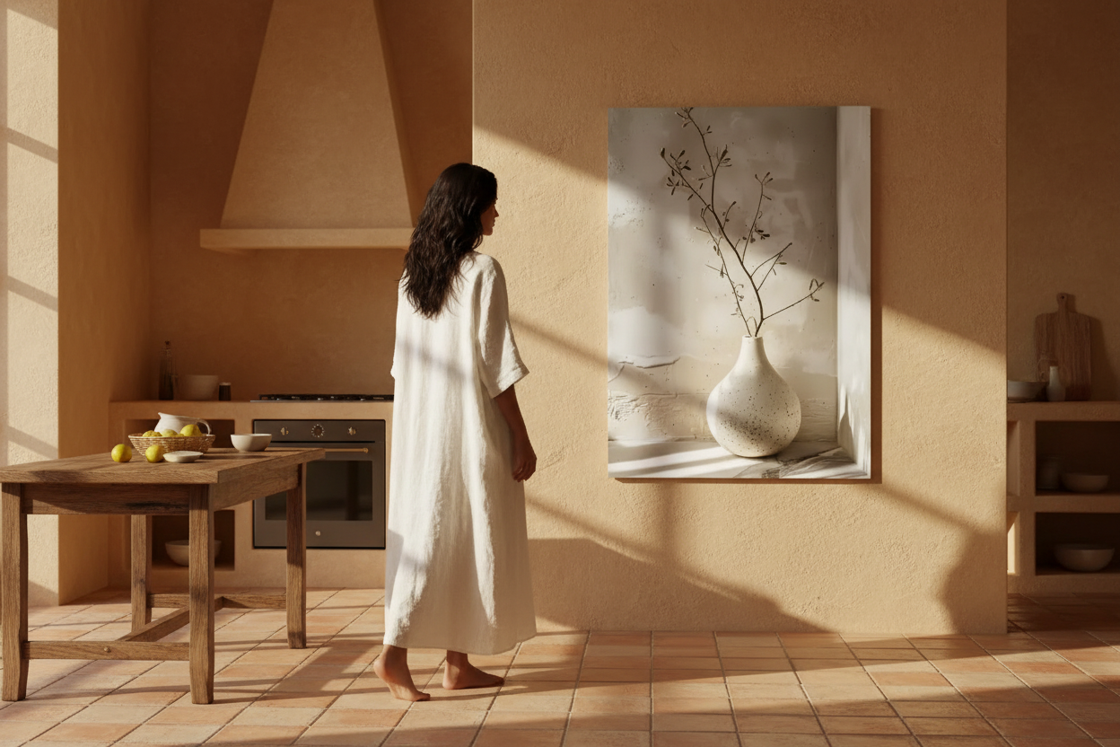 Cuisine méditerranéenne avec affiche murale végétale — égérie Cassili-home dans une cuisine aux tons ocre et terracotta