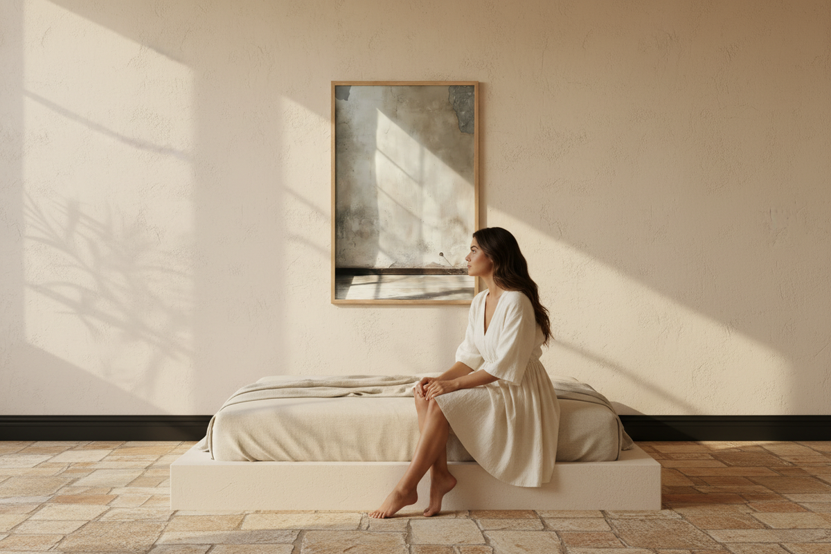 Sand beige wall interior — woman in ivory dress looking at framed wall art, Cassili-home
