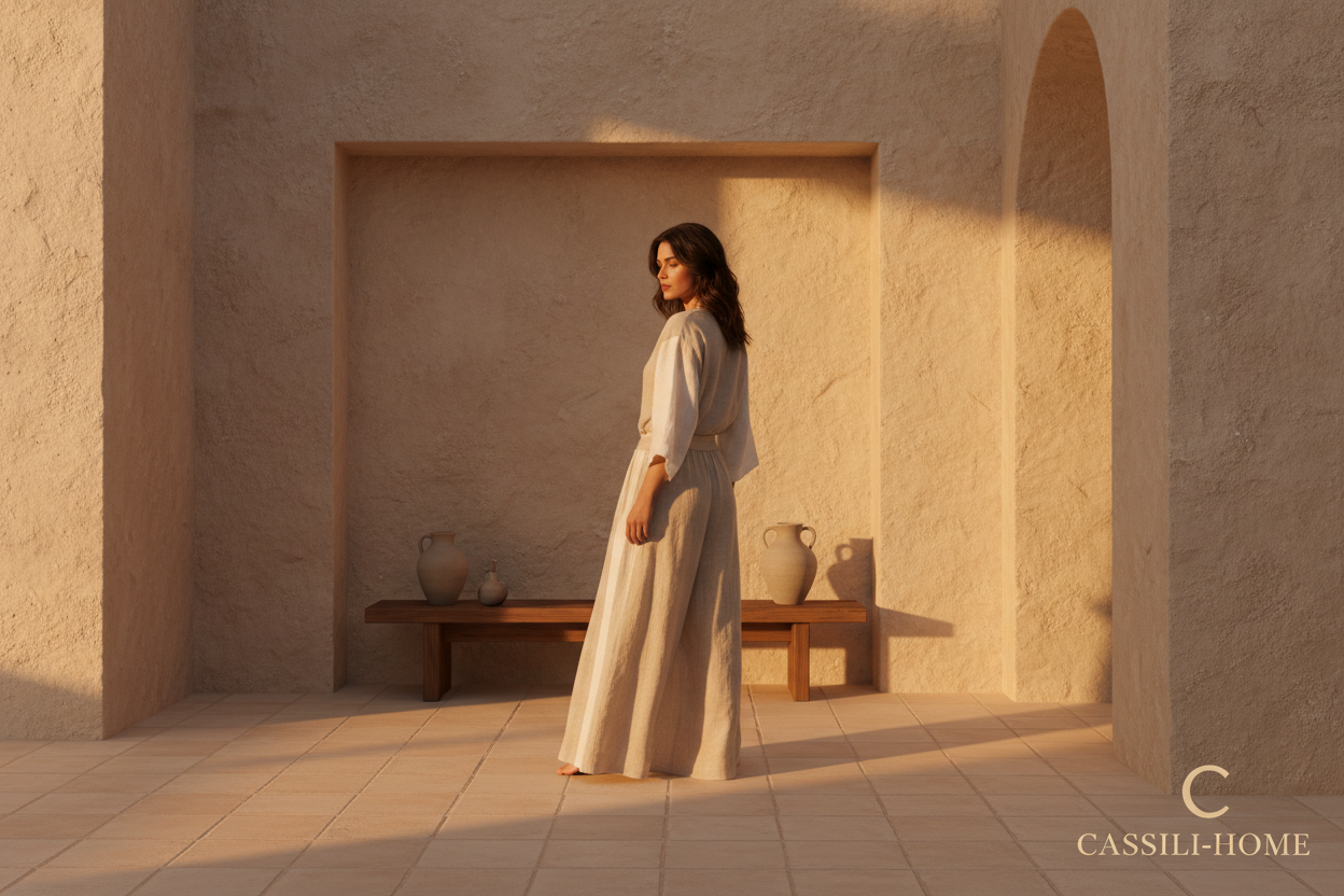 Woman in ivory linen standing in front of a Mediterranean stone wall niche bathed in warm golden light