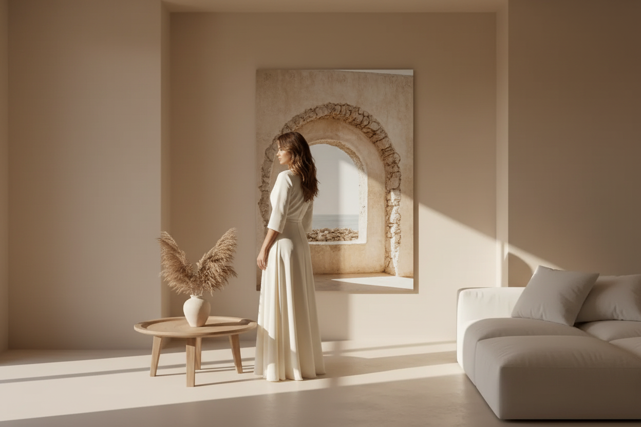 Femme en robe ivoire de dos dans un salon méditerranéen devant une grande affiche architecture Cassili-home, lumière dorée