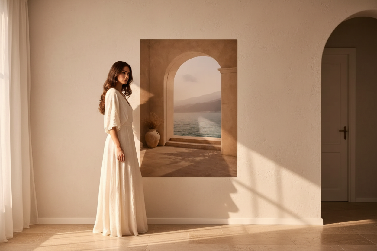 Woman in ivory dress beside an arched mediterranean wall art print — arched wall art prints by Cassili-home