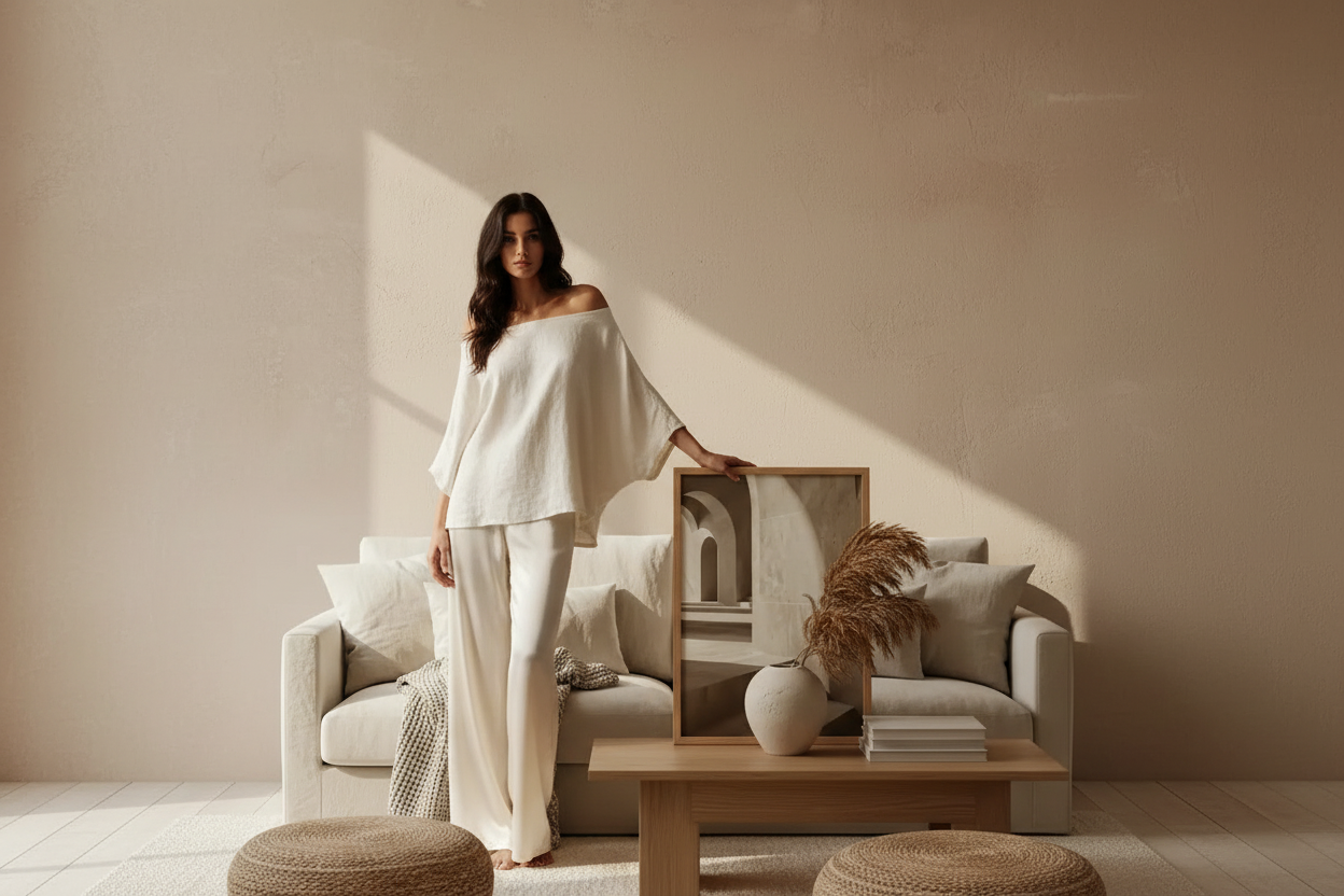 Elegant woman leaning a large Mediterranean arch wall art print against a sand lime-washed wall in a minimalist living room