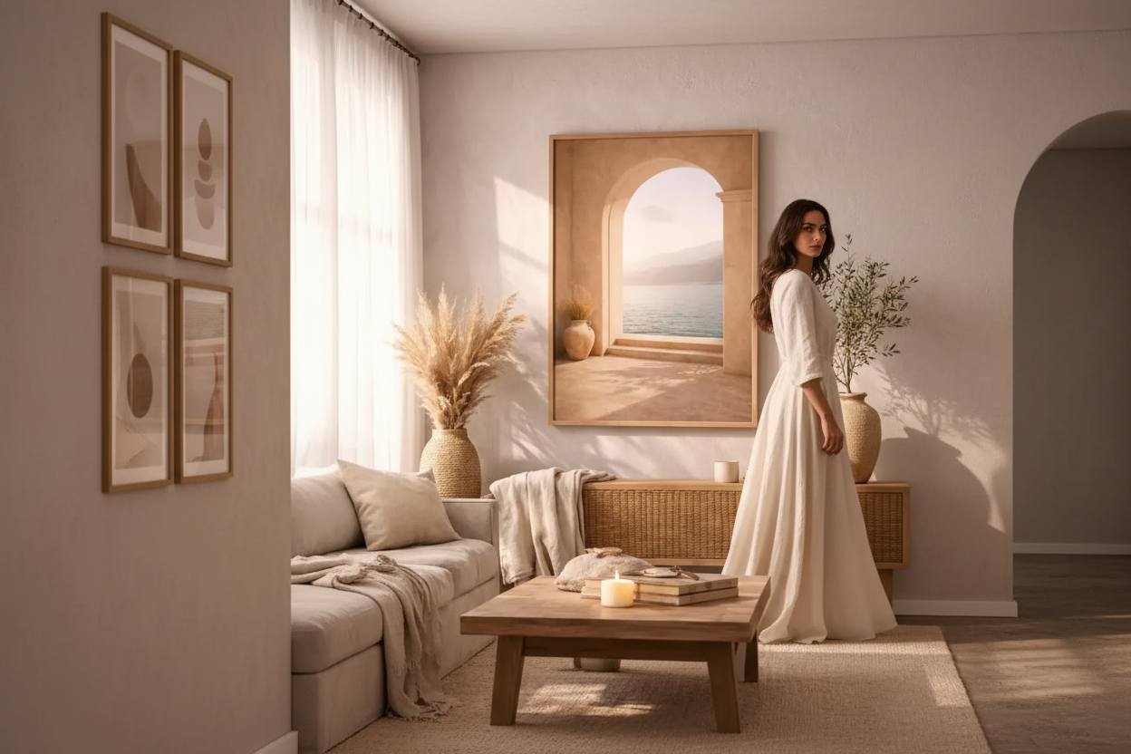 Woman in ivory dress in a mediterranean living room with a gallery wall — how to create a gallery wall by Cassili-home
