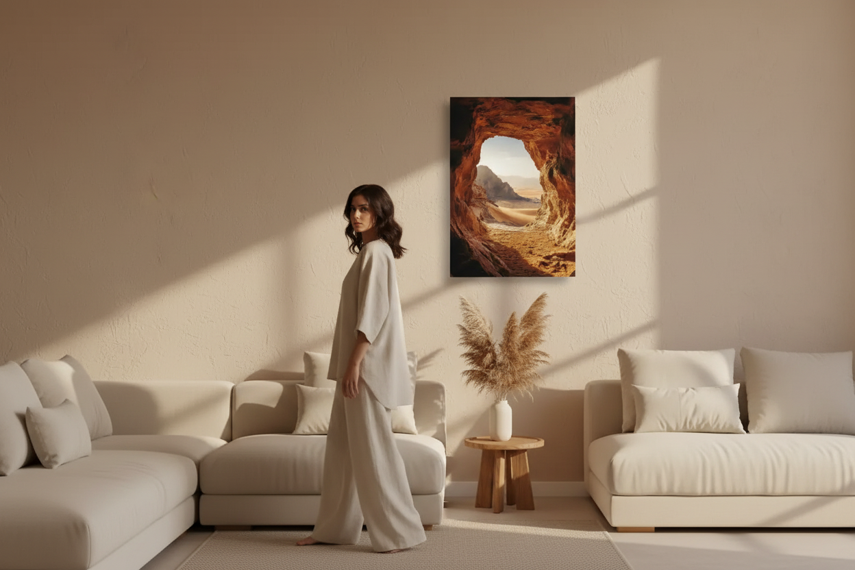 Woman in ivory outfit in a mediterranean living room with L'Œil du Désert print — sand ivory terracotta color palette