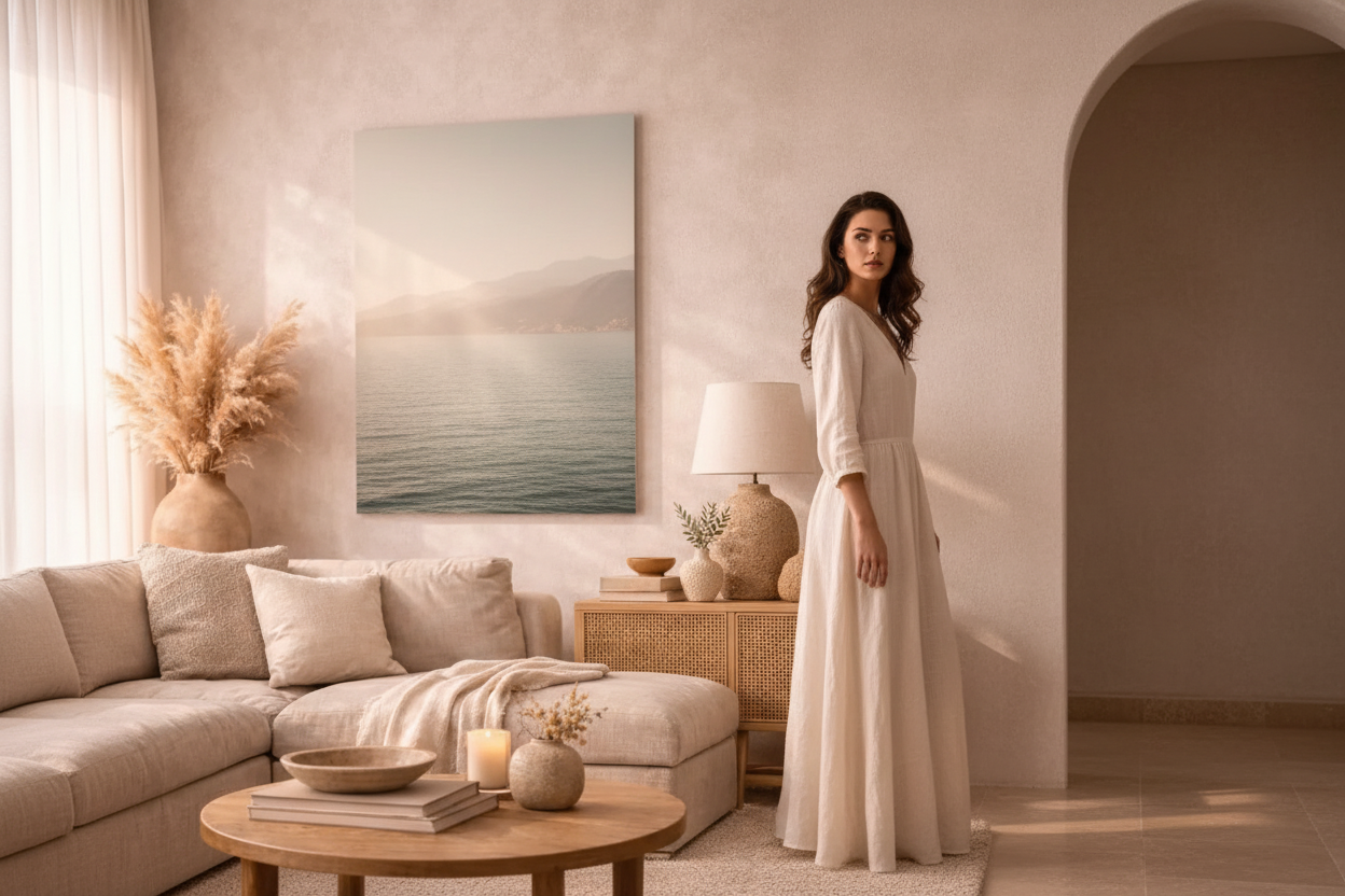 Woman in ivory dress in a mediterranean living room — mediterranean home decor complete guide by Cassili-home