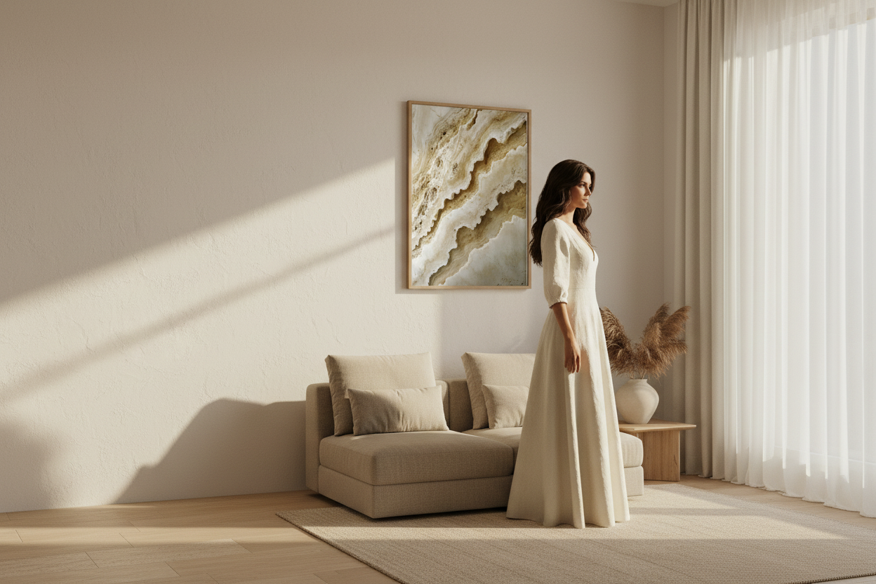 Woman in ivory dress beside a Vagues de Travertin print — travertine wall art by Cassili-home
