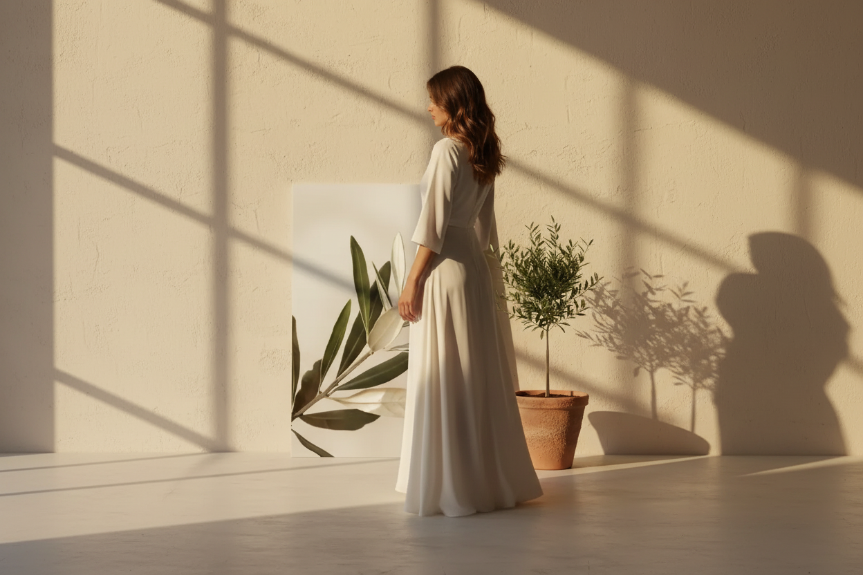 Jardin méditerranéen avec oliviers, terre cuite et pierre claire prolongeant la décoration intérieure — Cassili-home