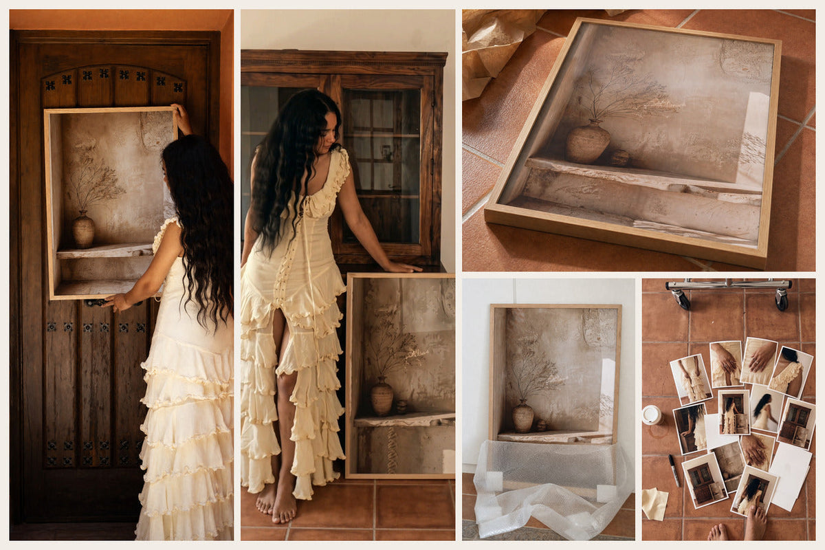 Fotocollage aus fünf Aufnahmen: gerahmtes Wandbild aus heller Eiche in einem andalusischen Haus, Terrakottaboden, terrakottafarbene Wand und Vitrine aus dunklem Holz
