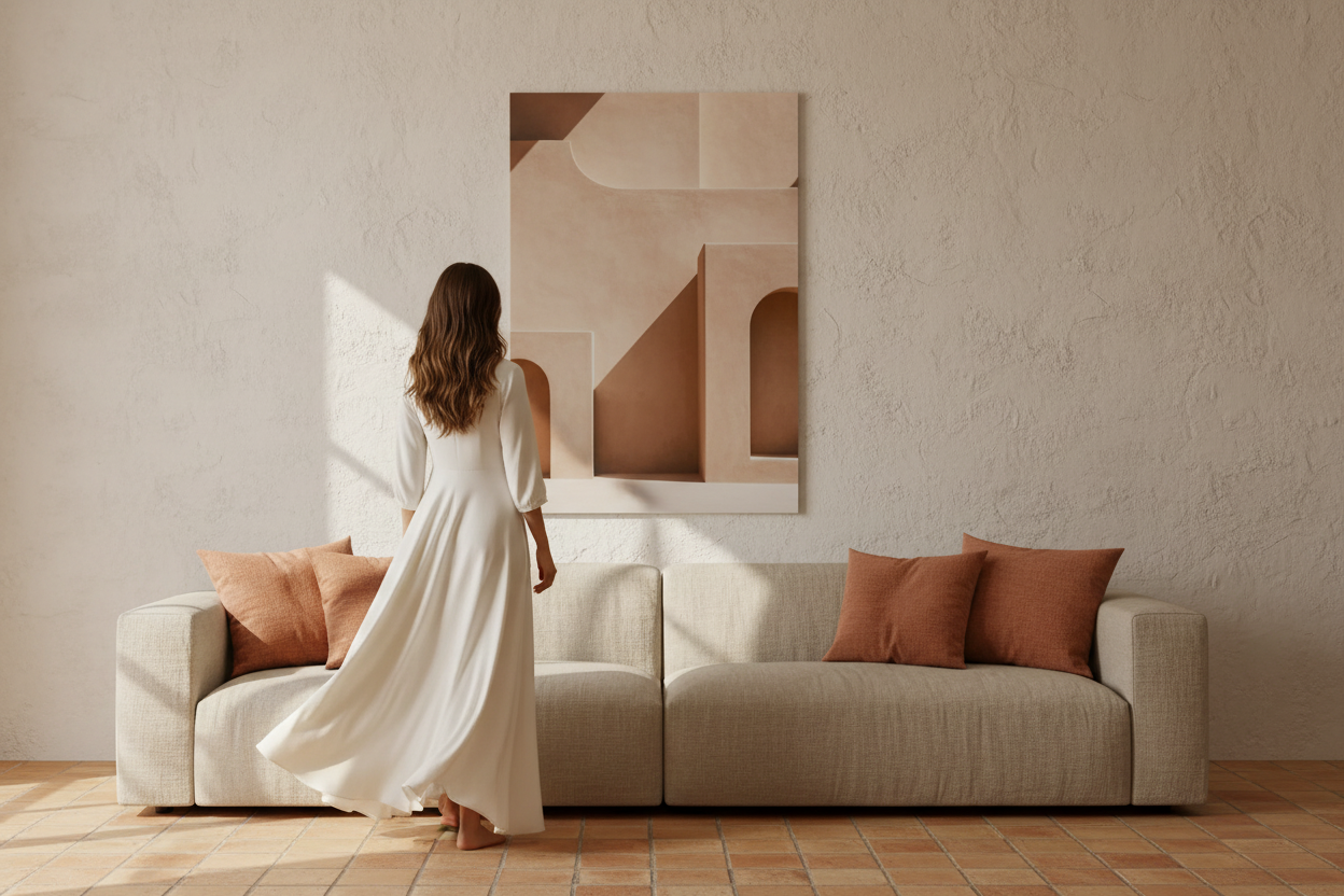 Femme en robe ivoire de dos dans un salon méditerranéen épuré avec affiche architecture Cassili-home, lumière dorée rasante