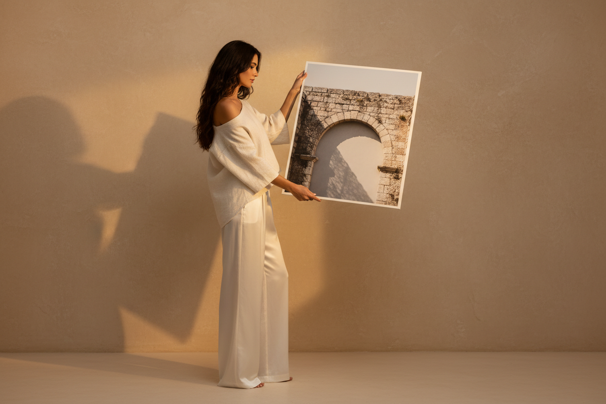 Elegant woman in ivory holding a Mediterranean arch wall art print in warm golden raking light