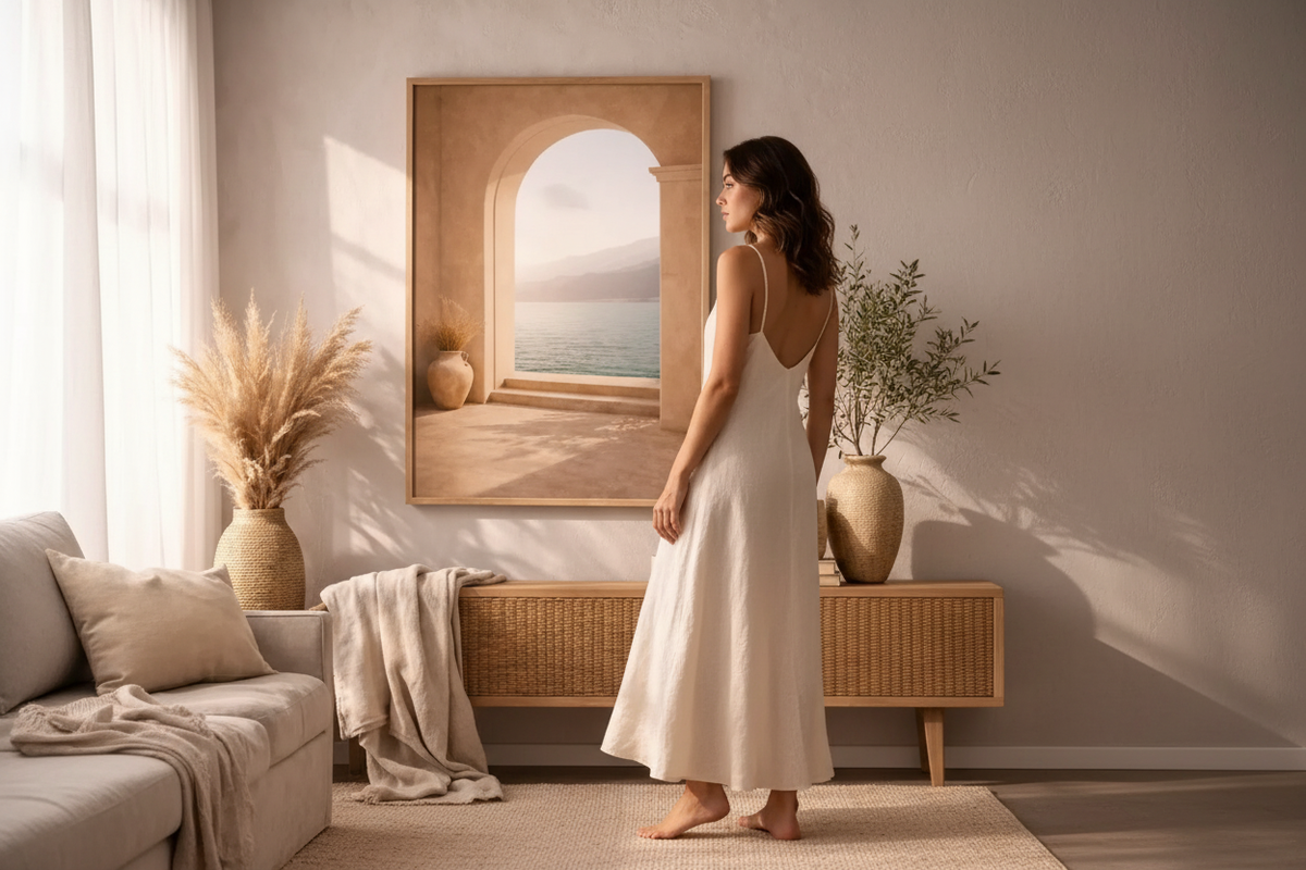 Salon beige et bois — affiche Arche Méditerranéenne encadrée chêne dans un intérieur sable et bois clair, Cassili-home